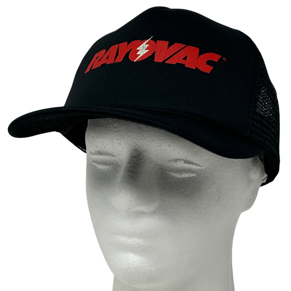 Vintage 90s Rayovac Batteries Trucker Hat Cap Battery Mesh Snapback Black - Picture 1 of 10
